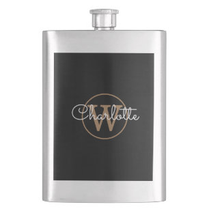 Gold Monogram Elegant Modern Script Black Hip Flask