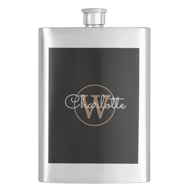 Gold Monogram Elegant Modern Script Black  Hip Flask (Front)