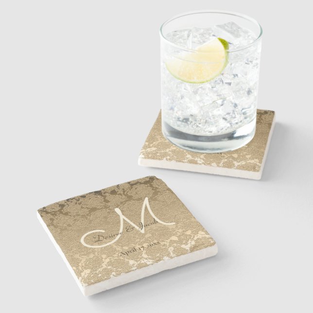 Gold Monogram Elegant Modern Wedding Stone Coaster (Side)
