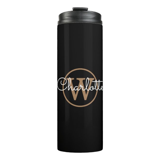 Gold Monogram Elegant Script Black  Thermal Tumbler (Front)