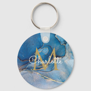 Gold Monogram Elegant Script Blue Agate Geode Key Ring
