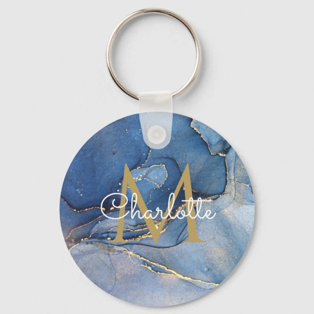Gold Monogram Elegant Script Blue Agate Geode Key Ring (Front)