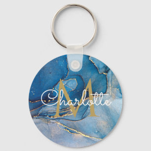 Gold Monogram Elegant Script Blue Agate Geode Key Ring