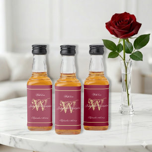 Gold Monogram Elegant Script Burgundy Red Mini Liquor Bottle Label