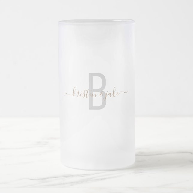 Gold Monogram Elegant Wedding Frosted Glass Beer Mug (Center)
