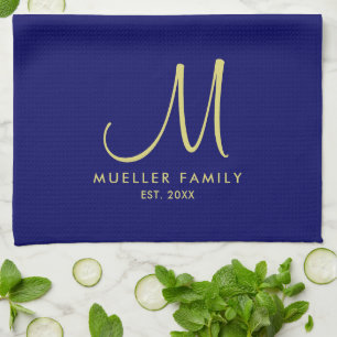 Gold Monogram Family Name Navy Blue Solid Colour Tea Towel
