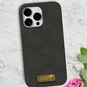 Gold Monogram Faux Black Leather iPhone XS Case