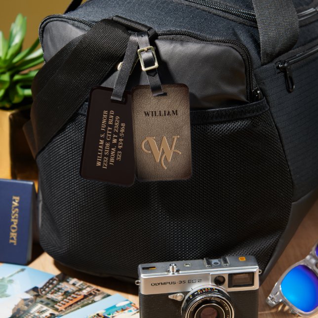 Gold Monogram Faux Leather Dark brown  Luggage Tag (Front & Back)