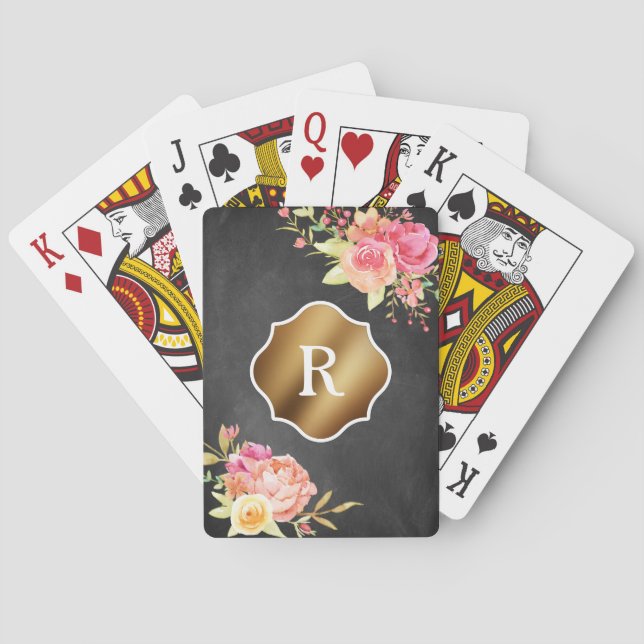 Gold Monogram & Florals on Textured Chalkboard Playing Cards (Back)