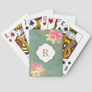 Gold Monogram & Florals on Vintage Green Texture Playing Cards