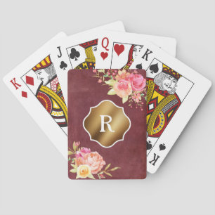 Gold Monogram & Florals on Vintage Red Texture Playing Cards