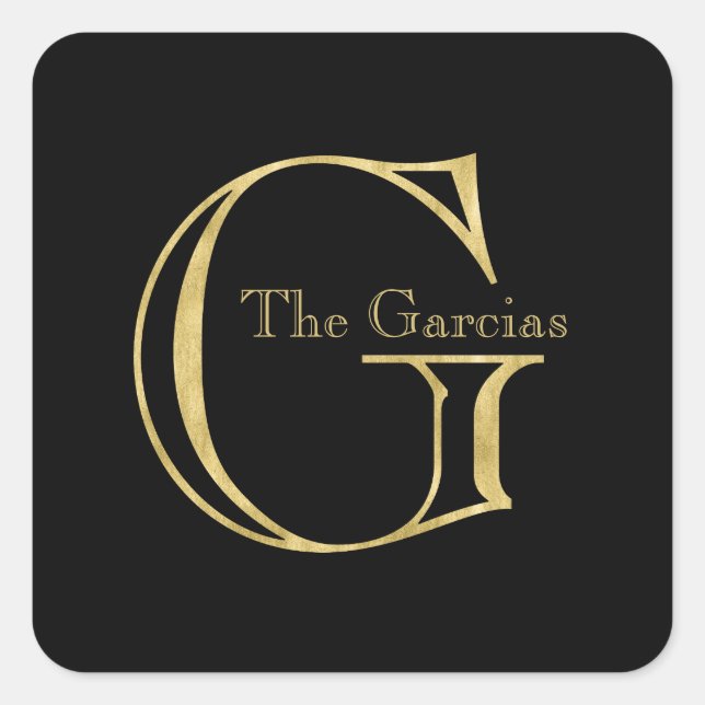 Gold Monogram G and Name on Any Colour Square Sticker (Front)