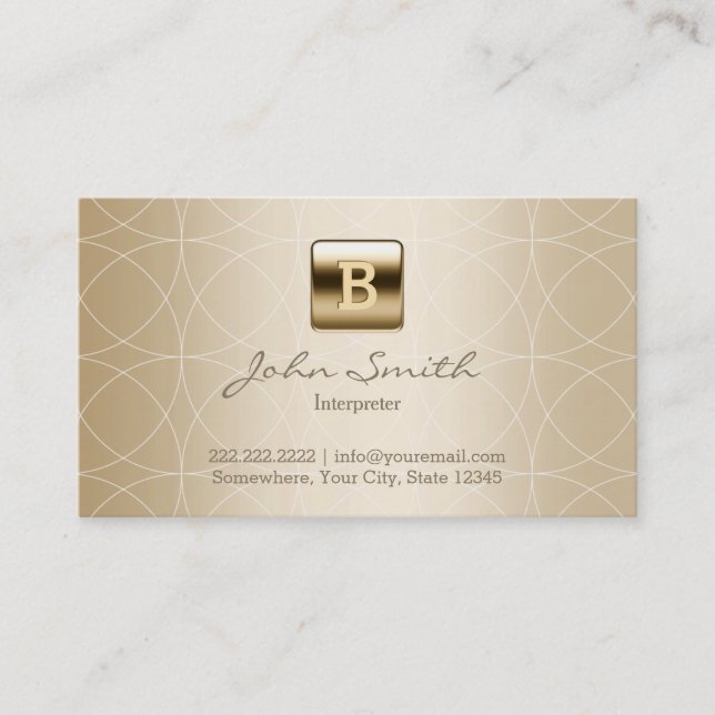 Gold Monogram Geo Patterns Interpreter Business Card (Front)