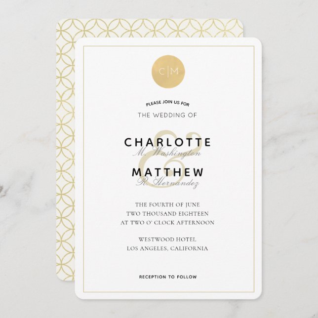 Gold Monogram Geometric Elegant Wedding Invitation (Front/Back)
