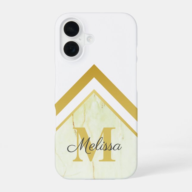 Gold Monogram Geometric Marble iPhone 16 Case (Back)