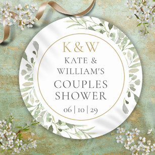Gold Monogram Greenery Couples Bridal Shower Classic Round Sticker