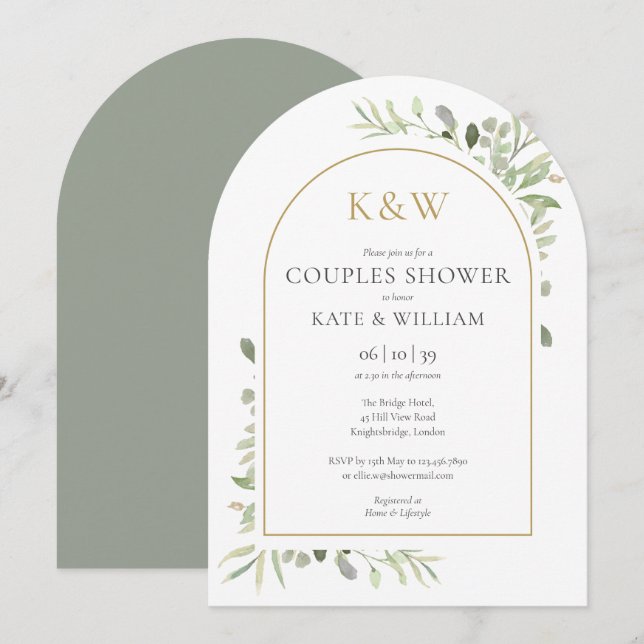 Gold Monogram Greenery Couples Shower Arch Invitation (Front/Back)