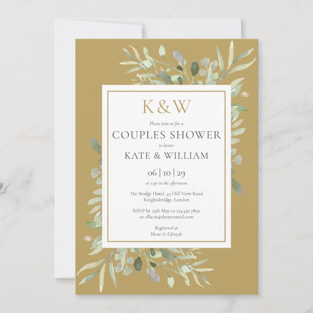 Gold Monogram Greenery Couples Wedding Shower Invitation (Front)