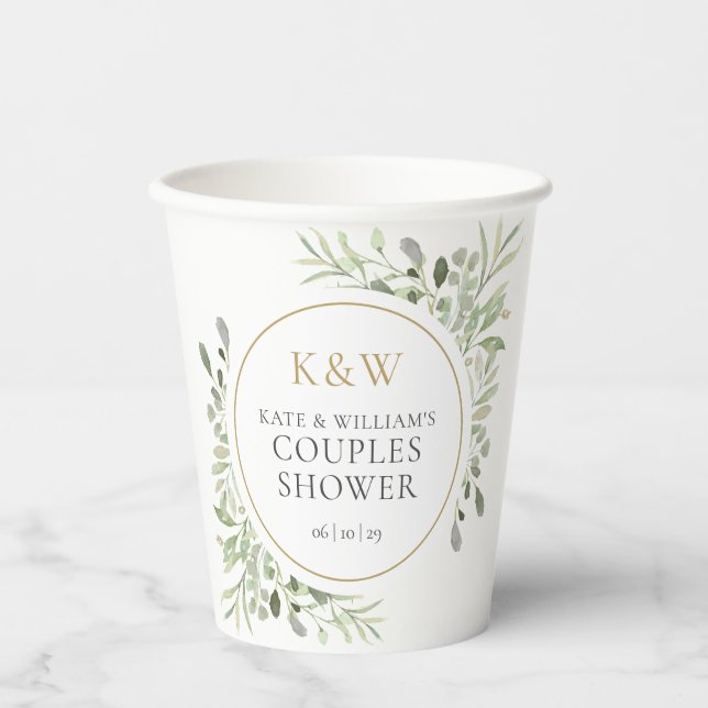 Gold Monogram Greenery Couples Wedding Shower Paper Cups (Front)