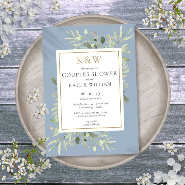 Gold Monogram Greenery Dusty Blue Couples Shower Invitation (Gold Monogram Greenery Dusty Blue Couples Shower Invitation)