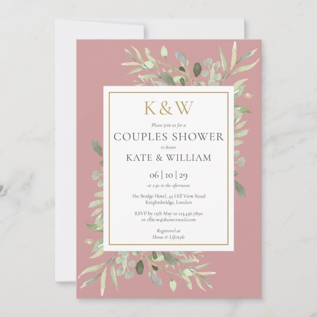 Gold Monogram Greenery Dusty Rose Couples Shower Invitation (Front)