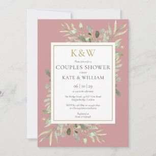 Gold Monogram Greenery Dusty Rose Couples Shower Invitation