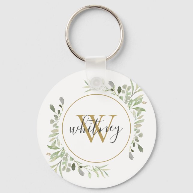 Gold Monogram Greenery Elegant Script Key Ring (Front)
