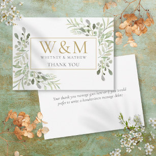 Gold Monogram Greenery Elegant Thank You Card