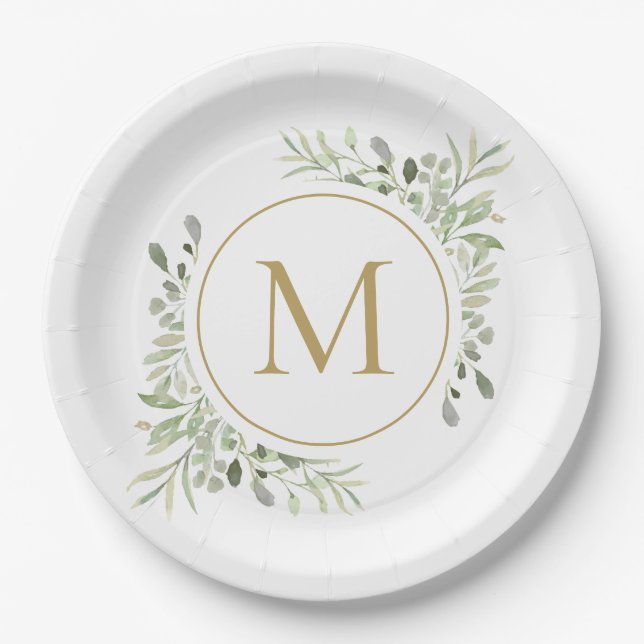Gold Monogram Greenery Eucalyptus Foliage Paper Plate (Front)