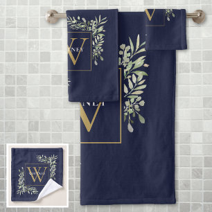 Gold Monogram Greenery Floral Navy Blue Bath Towel Set