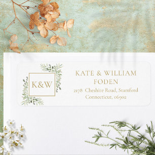 Gold Monogram Greenery Foliage Address