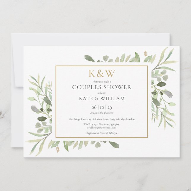 Gold Monogram Greenery Foliage Couples Shower Invitation (Front)