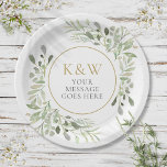 Gold Monogram Greenery Party Celebration Paper Plate<br><div class="desc">Featuring delicate watercolor leaves,  this chic botanical paper plate can be personalised with your monogram and special message. Perfect for weddings,  bridal showers,  baby showers,  baptism,  engagement parties,  anniversary celebrations and birthday get-togethers. Designed by Thisisnotme©</div>