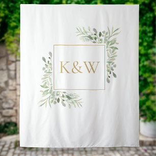 Gold Monogram Greenery Photo Booth Backdrop Tapestry