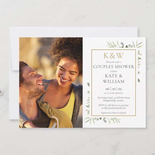 Gold Monogram Greenery Photo Couples Shower Invitation (Front)