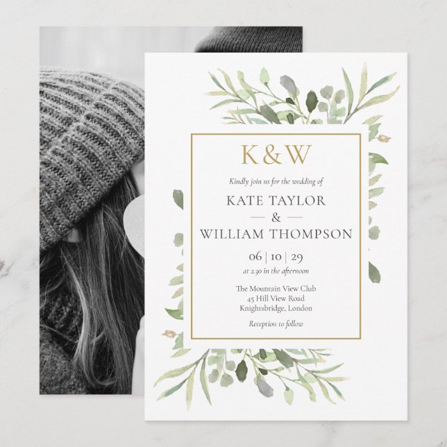 Gold Monogram Greenery Photo Wedding Invitation (Front/Back)