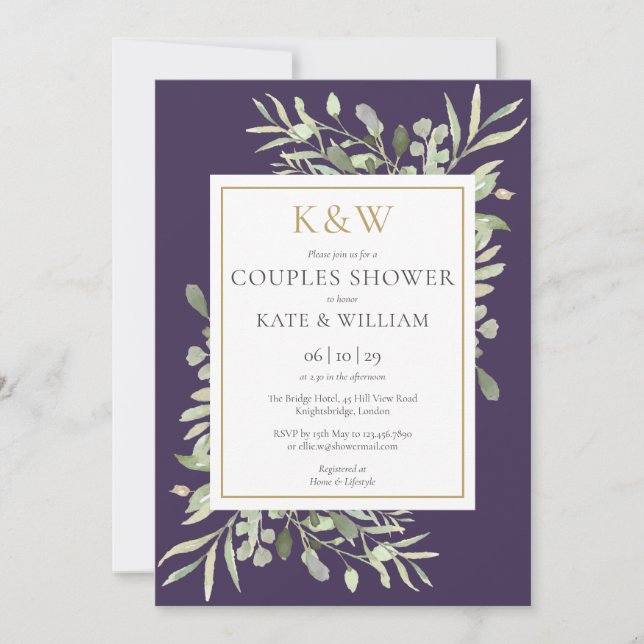 Gold Monogram Greenery Purple Couples Shower Invitation (Front)