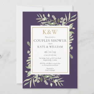 Gold Monogram Greenery Purple Couples Shower Invitation