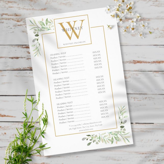 Gold Monogram Greenery Salon Service Menu (Creator Uploaded)