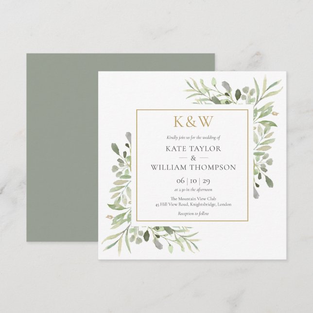 Gold Monogram Greenery Square Wedding Invitation (Front/Back)