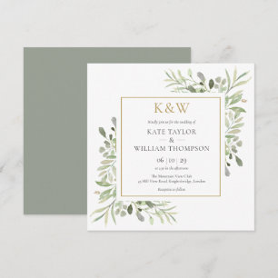 Gold Monogram Greenery Square Wedding Invitation