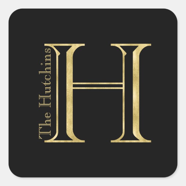 Gold Monogram H and Name on Any Colour Square Sticker (Front)