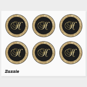 Gold Monogram H on black Classic Round Sticker