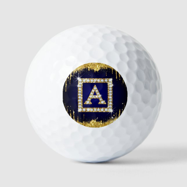 Gold Monogram Initial A With Blue Glitter Golf Balls (Front)