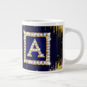 Gold Monogram Initial A With Blue Glitter Large Coffee Mug