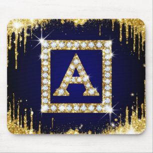 Gold Monogram Initial A With Blue Glitter Mouse Mat