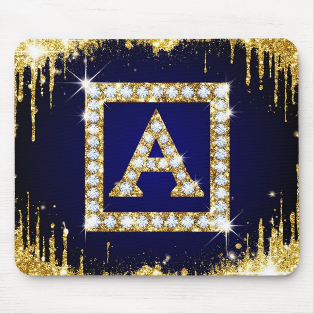 Gold Monogram Initial A With Blue Glitter Mouse Mat (Front)