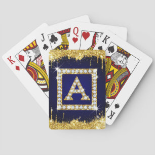Gold Monogram Initial A With Blue Glitter Playing Cards