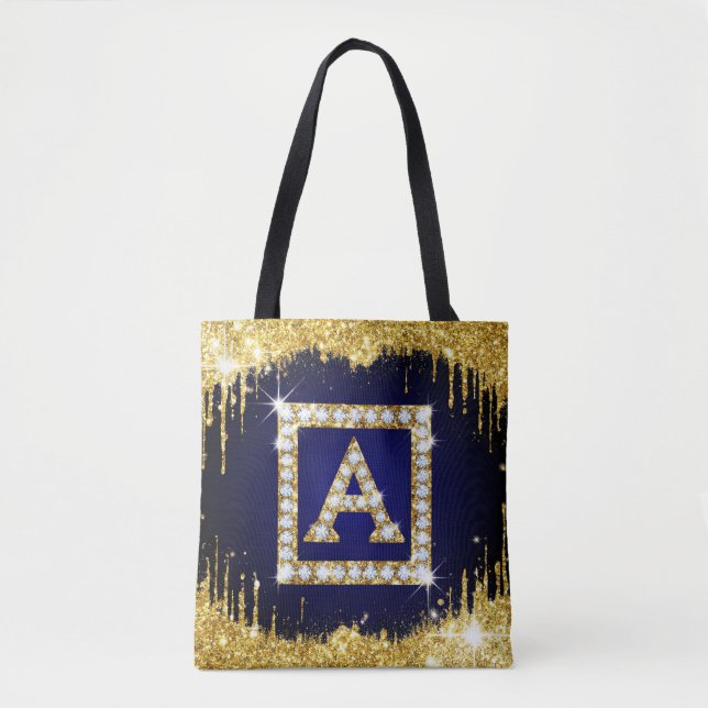Gold Monogram Initial A With Blue Glitter Tote Bag (Front)