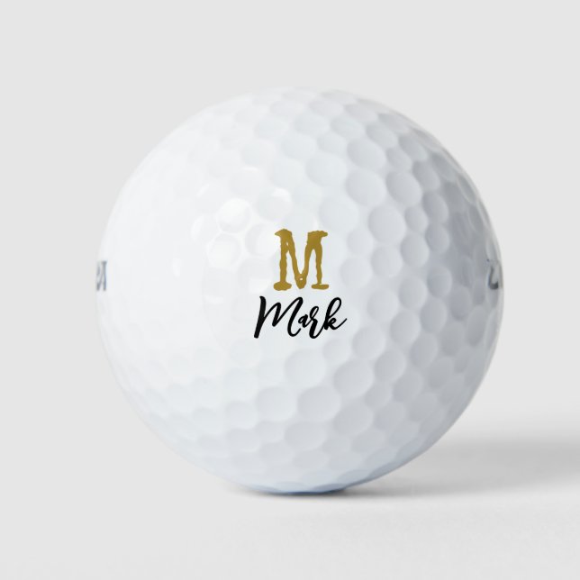 Gold  Monogram Initial and Name Black Gold Golf Ba Balls (Front)